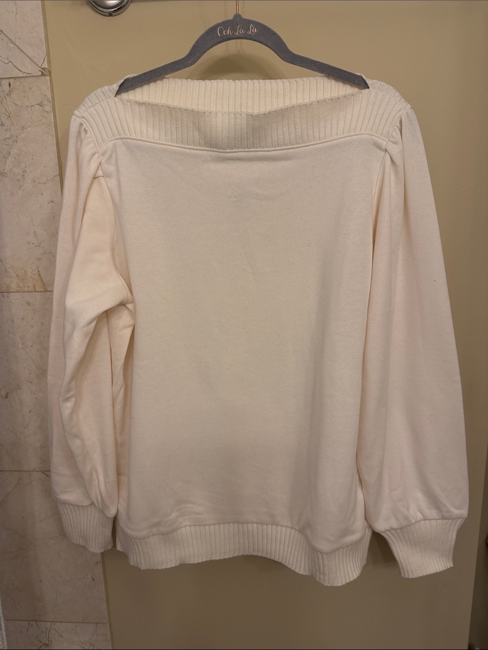 LOFT Cream Off-Shoulder Ribbed Trim Sweater